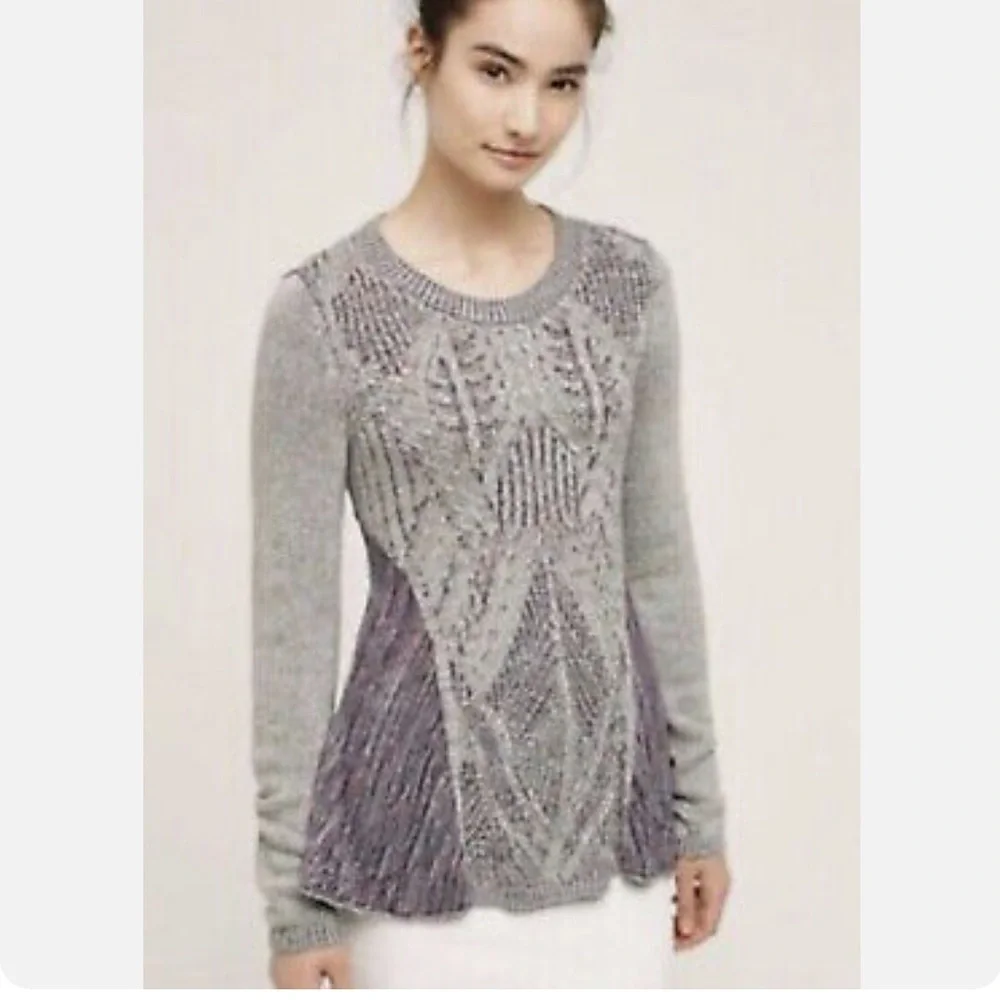 Anthropologie MOTH Anita Mixed Cable Knit Swing Sweater Linen Cotton Blend